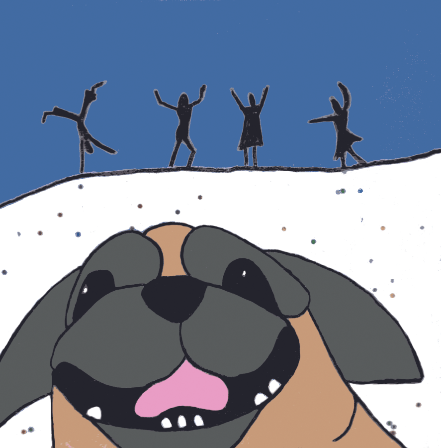 Pugsley plays in the snow with seniors.