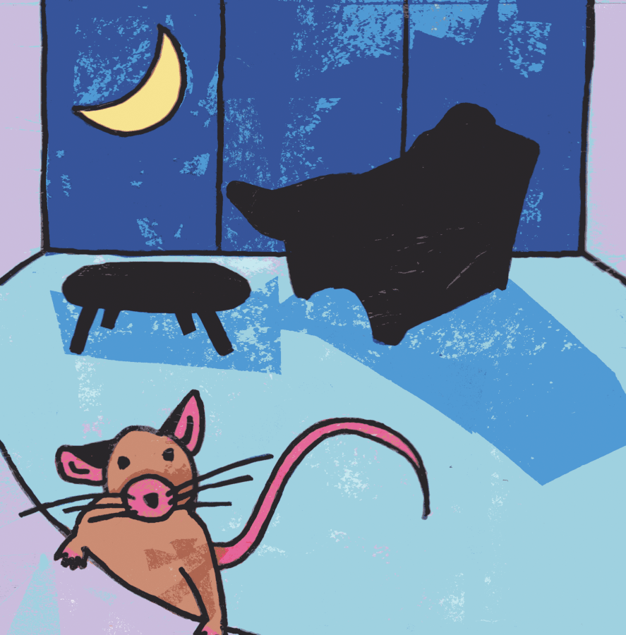 Nursing home resident, Miss Mouse, sleeps in her recliner while a mouse explores the room.