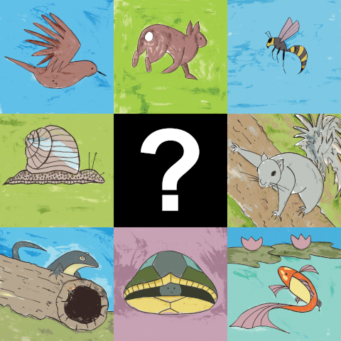 A grid of different animals around a question mark.